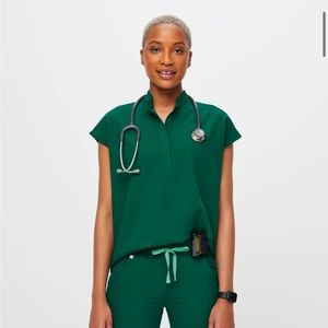 Figs Hunter green scrub top - Rafaela mandarin collar